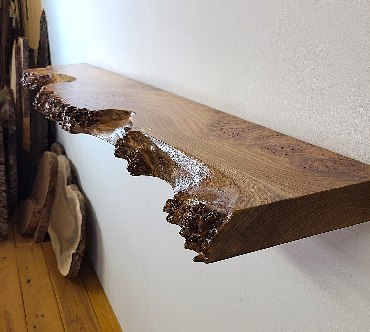 burly edge floating shelf featuring unique grain pattern and organic edge