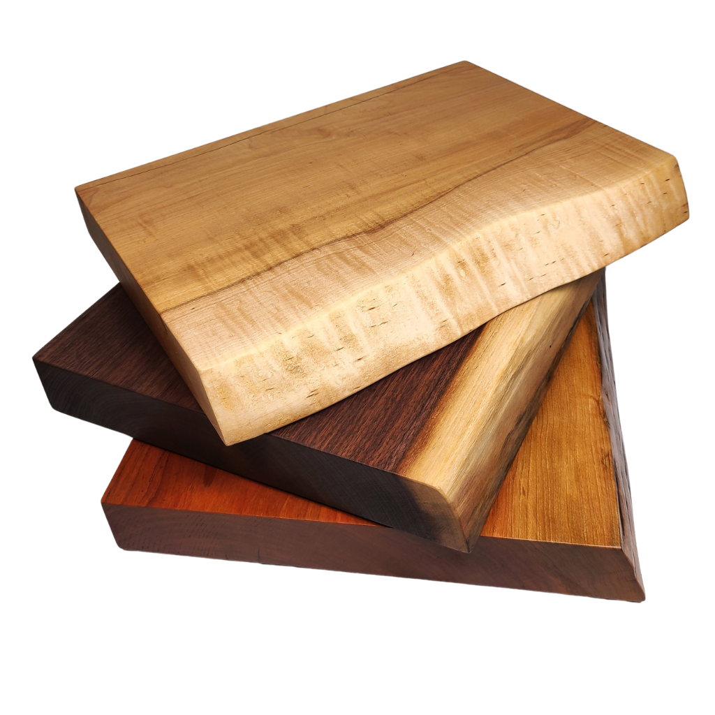side view of 3 cutting boards maple walnut and cherry