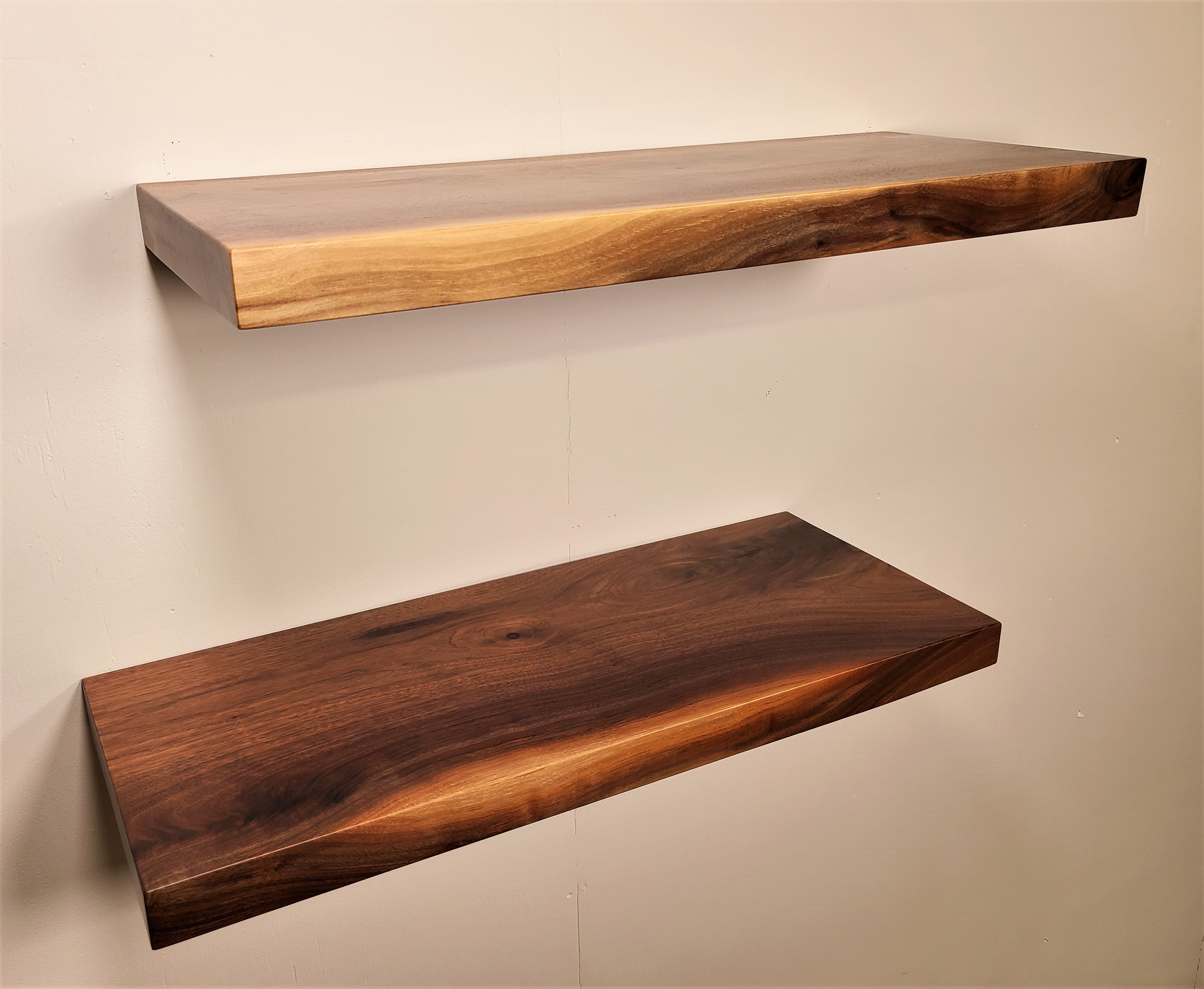 top view of custom walnut rustic wood shelves made in Lancaster Pennsylvania by Zimboards.