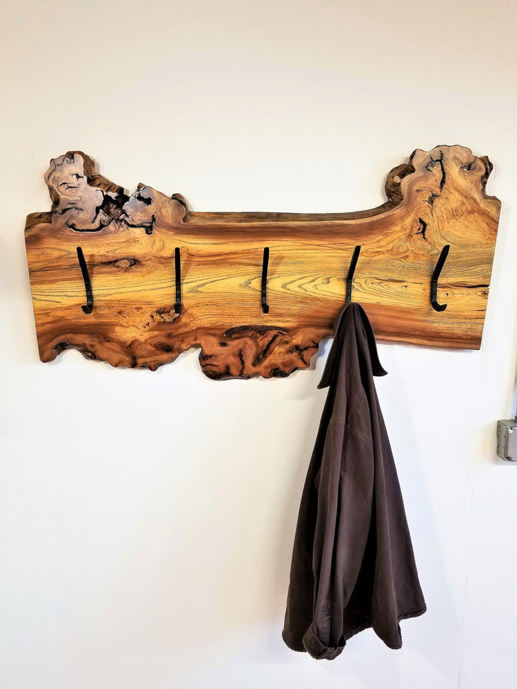 Live Edge Boot Rack Live Edge Elm Coat Rack with hand forged steel hooks. Live edge wood slab.