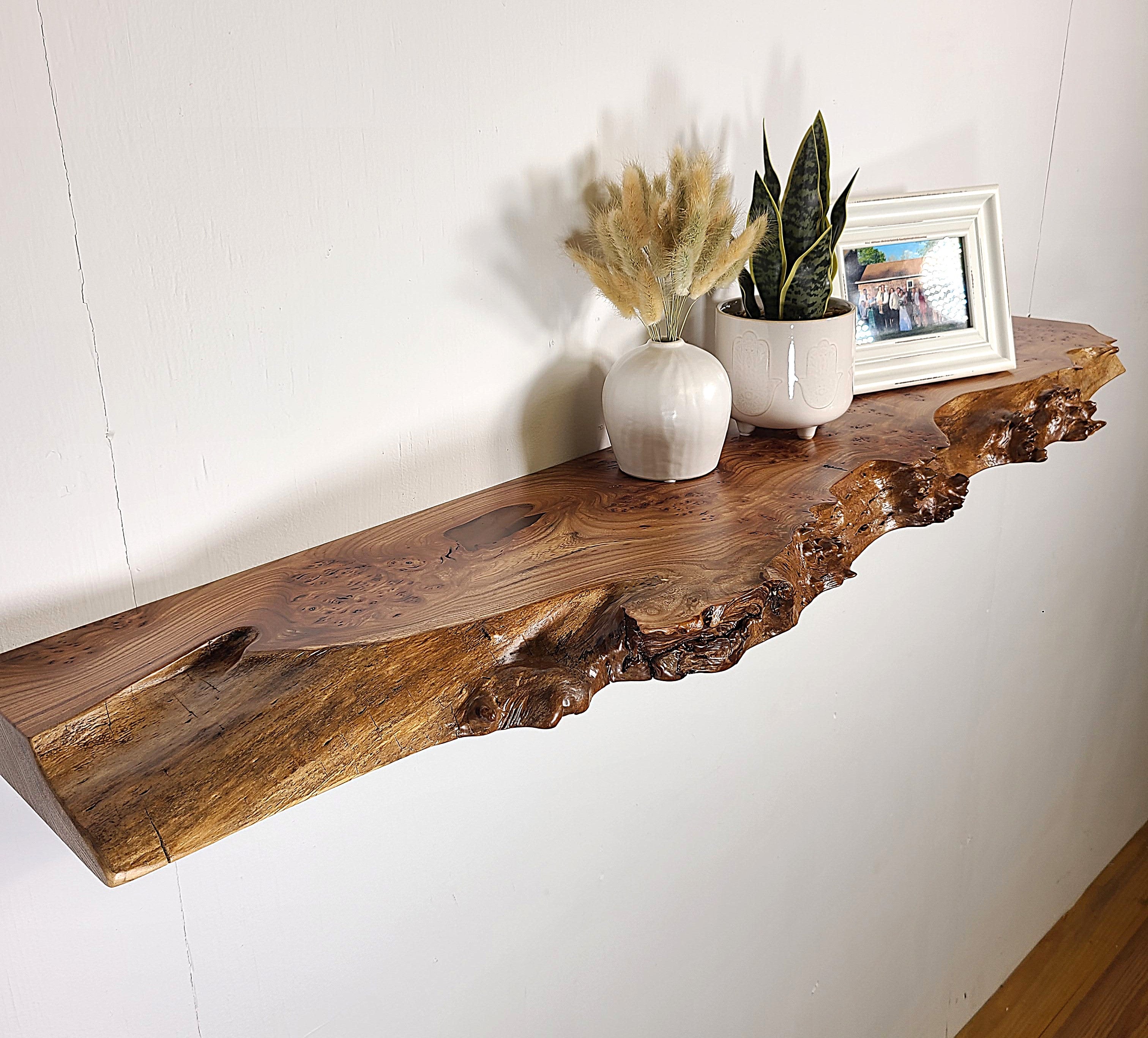 view of a mounted burly edge floating shelf with a smooth finish