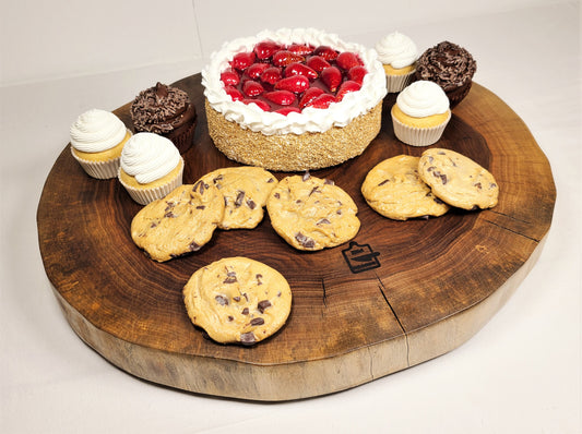 round walnut live edge wood cake stand.  Can also be used as a large charcuterie board