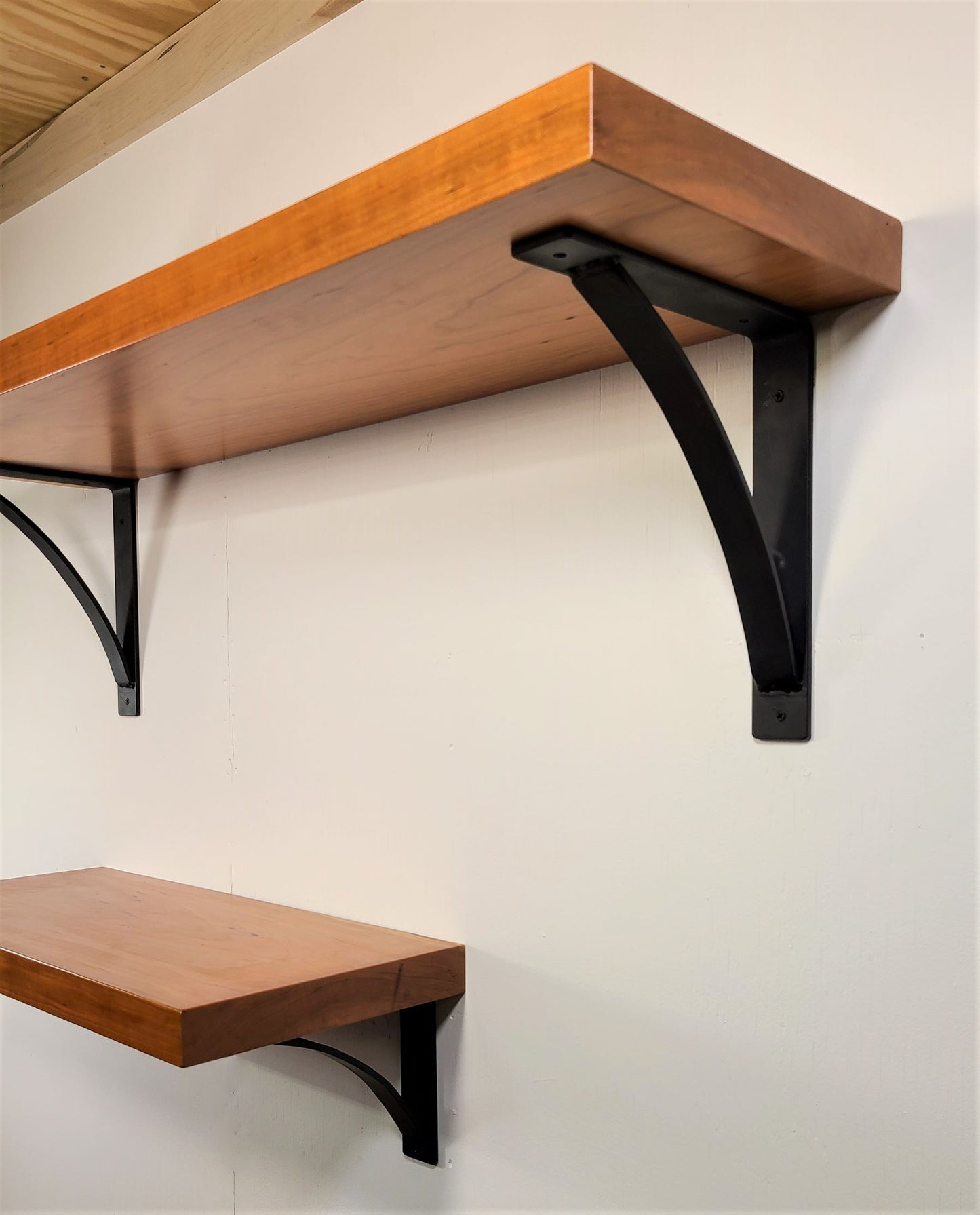 Solid Cherry Rustic Wall Shelf with heavy duty steel brackets
