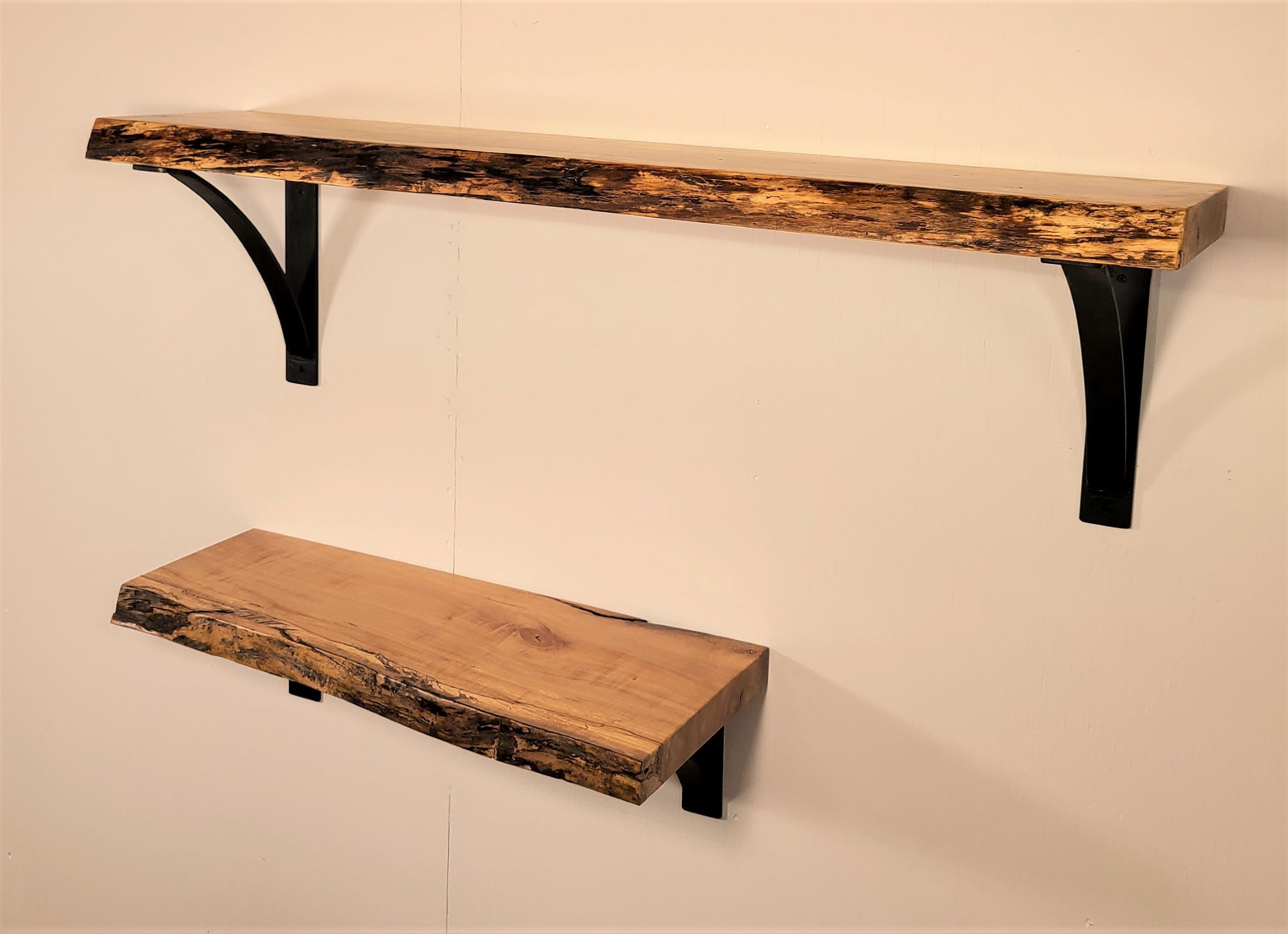 2" Thick Maple Shelf with rustic live edge and heavy-duty steel brackets
