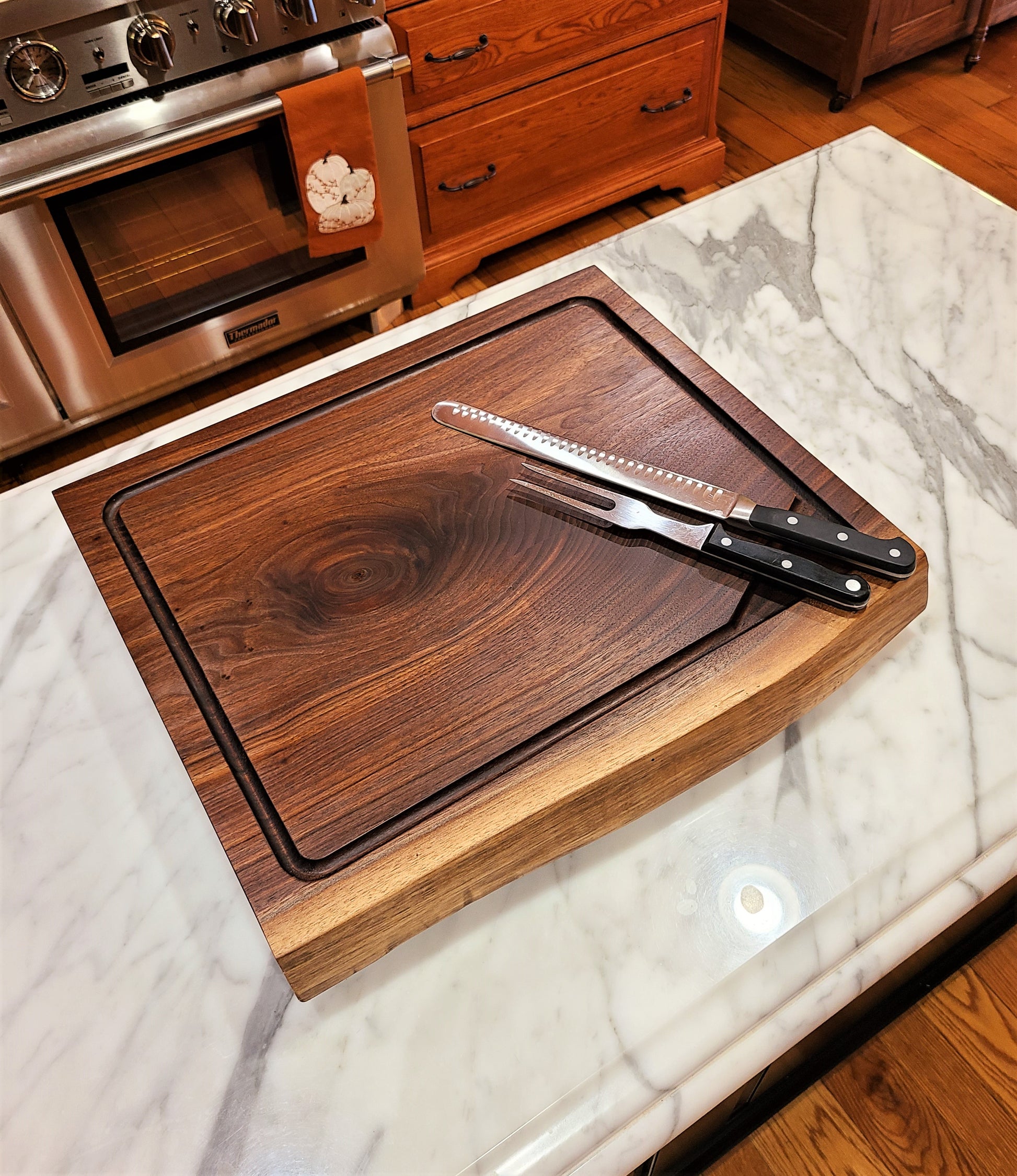 top view of a large walnut cutting board suitable for carving. Made in Lancaster County Pennsylvania USA by ZimBoards