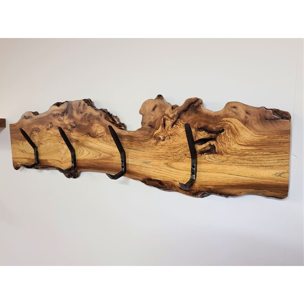 CHINESE ELM HOOK BOARD COAT RACK  4 HAND FORGED STEEL 