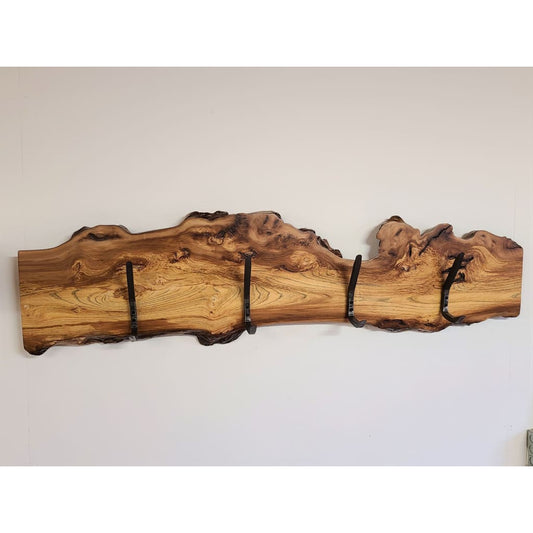 CHINESE ELM HOOK BOARD / COAT RACK  4 HAND FORGED STEEL double hooks.  Rustic live edge coat rack, pot rack made by Zimboards.