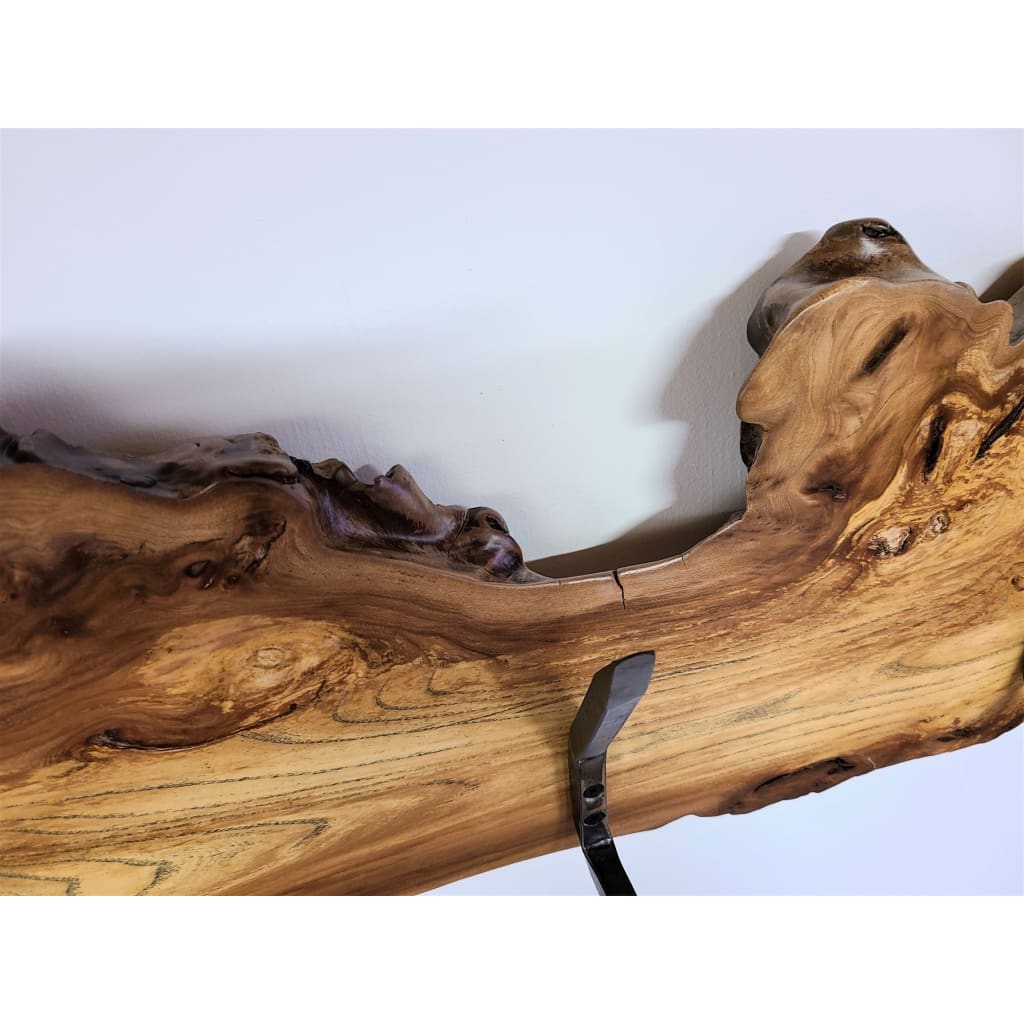 CHINESE ELM HOOK BOARD  COAT RACK  4 HAND FORGED STEEL double hooks with a top view of the unique live edge and handmade hooks made by Zimboards.