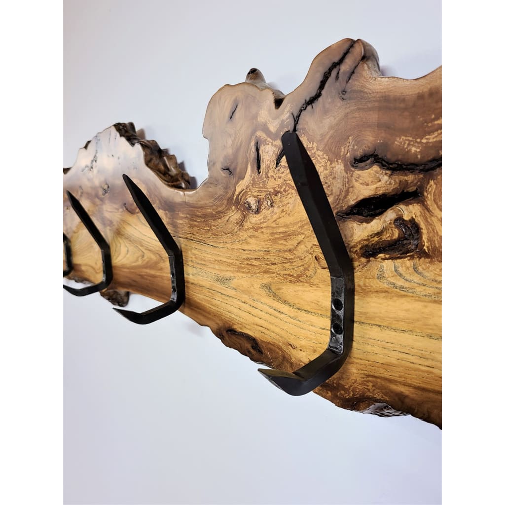 CHINESE ELM HOOK BOARD  COAT RACK  4 HAND FORGED STEEL 