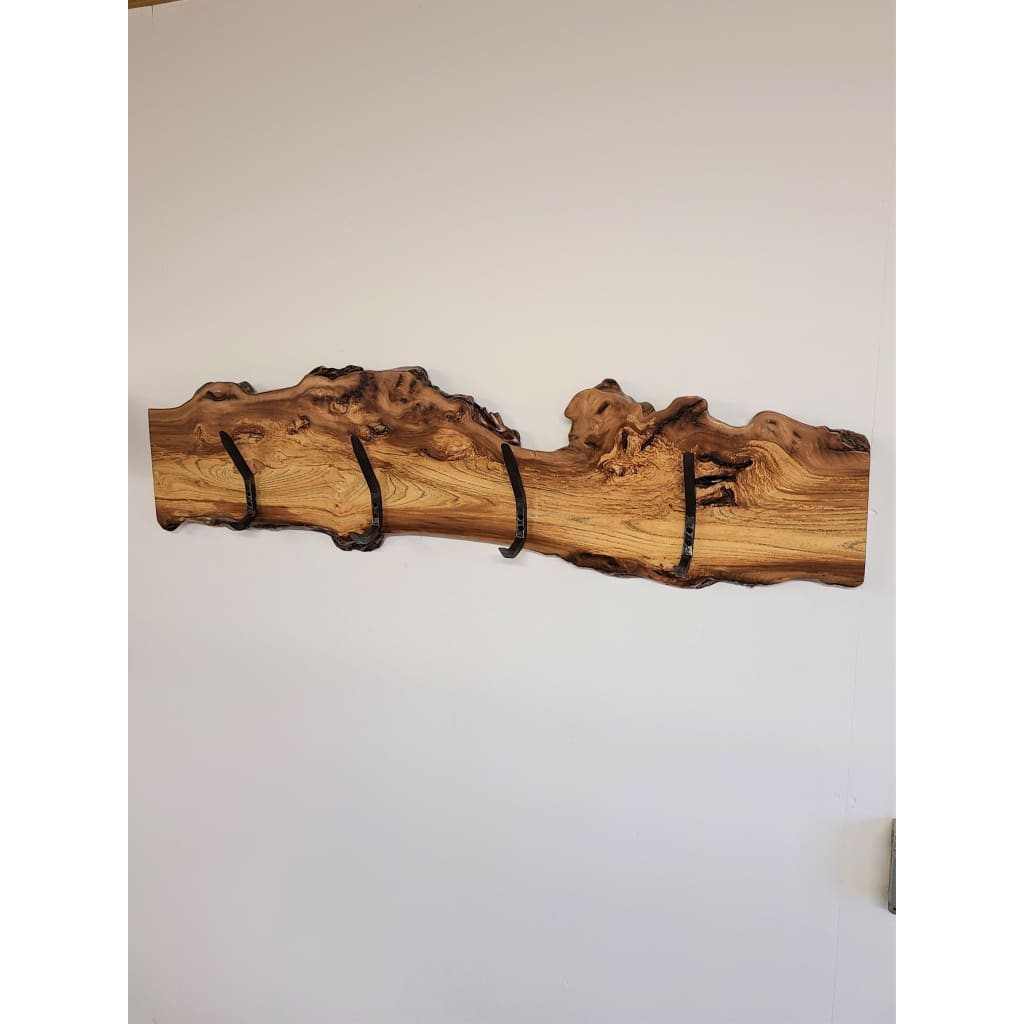 CHINESE ELM HOOK BOARD COAT RACK  4 HAND FORGED STEEL 