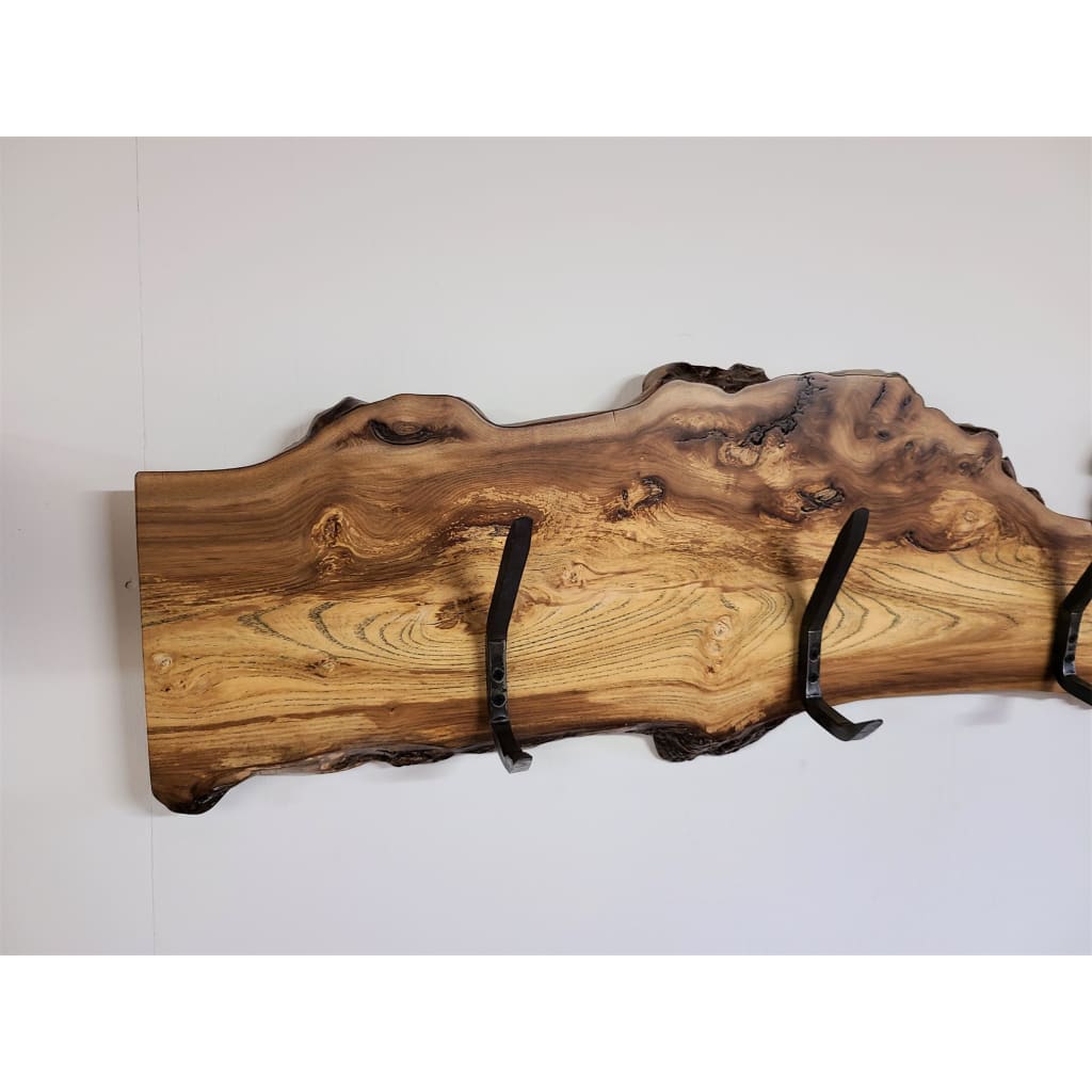 CHINESE ELM HOOK BOARD  COAT RACK  4 HAND FORGED STEEL 