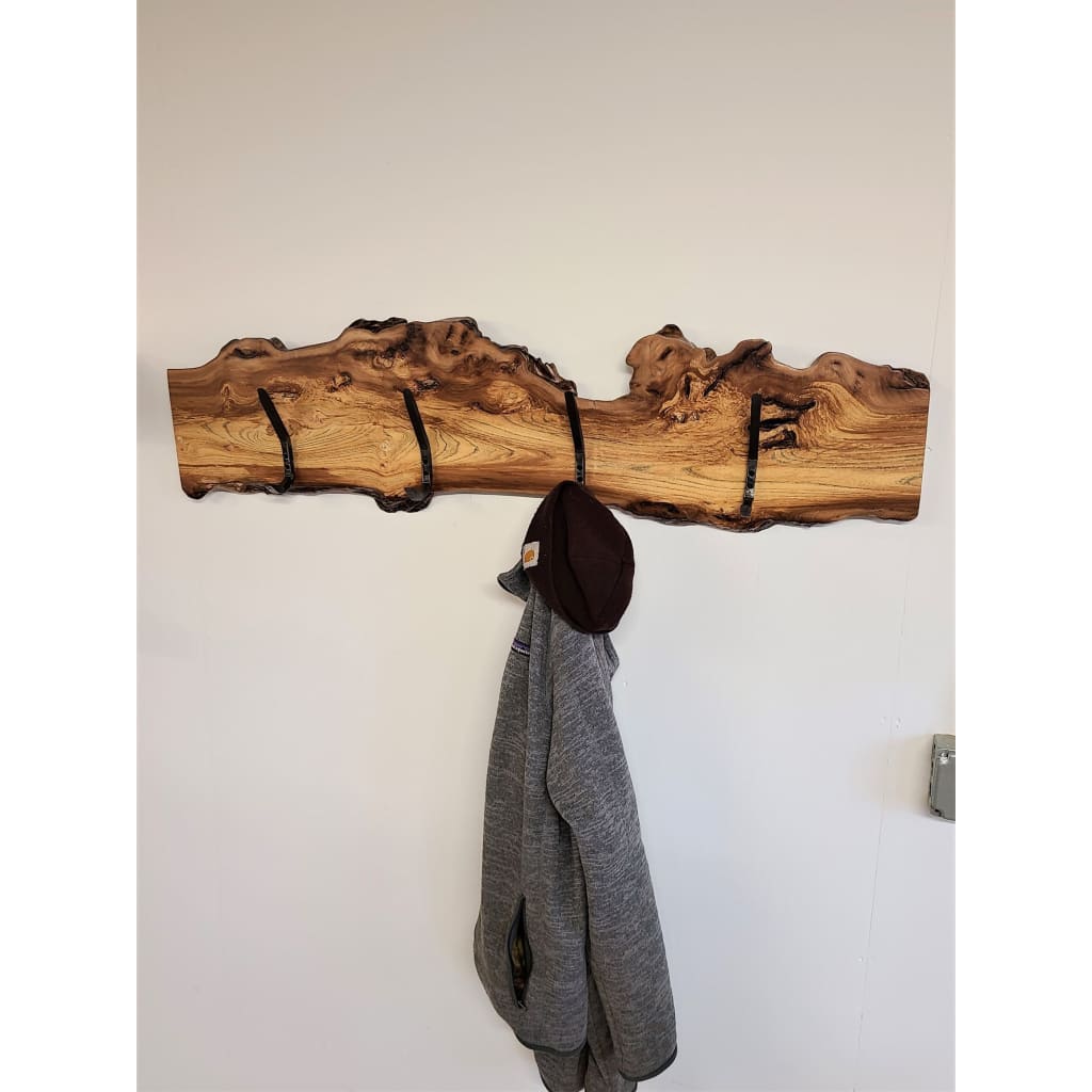 CHINESE ELM HOOK BOARD / COAT RACK - 4 HAND FORGED STEEL double hooks measures 13 inches wide and 48 inches long with 4 handmade hooks.  Made by Zimboards.s