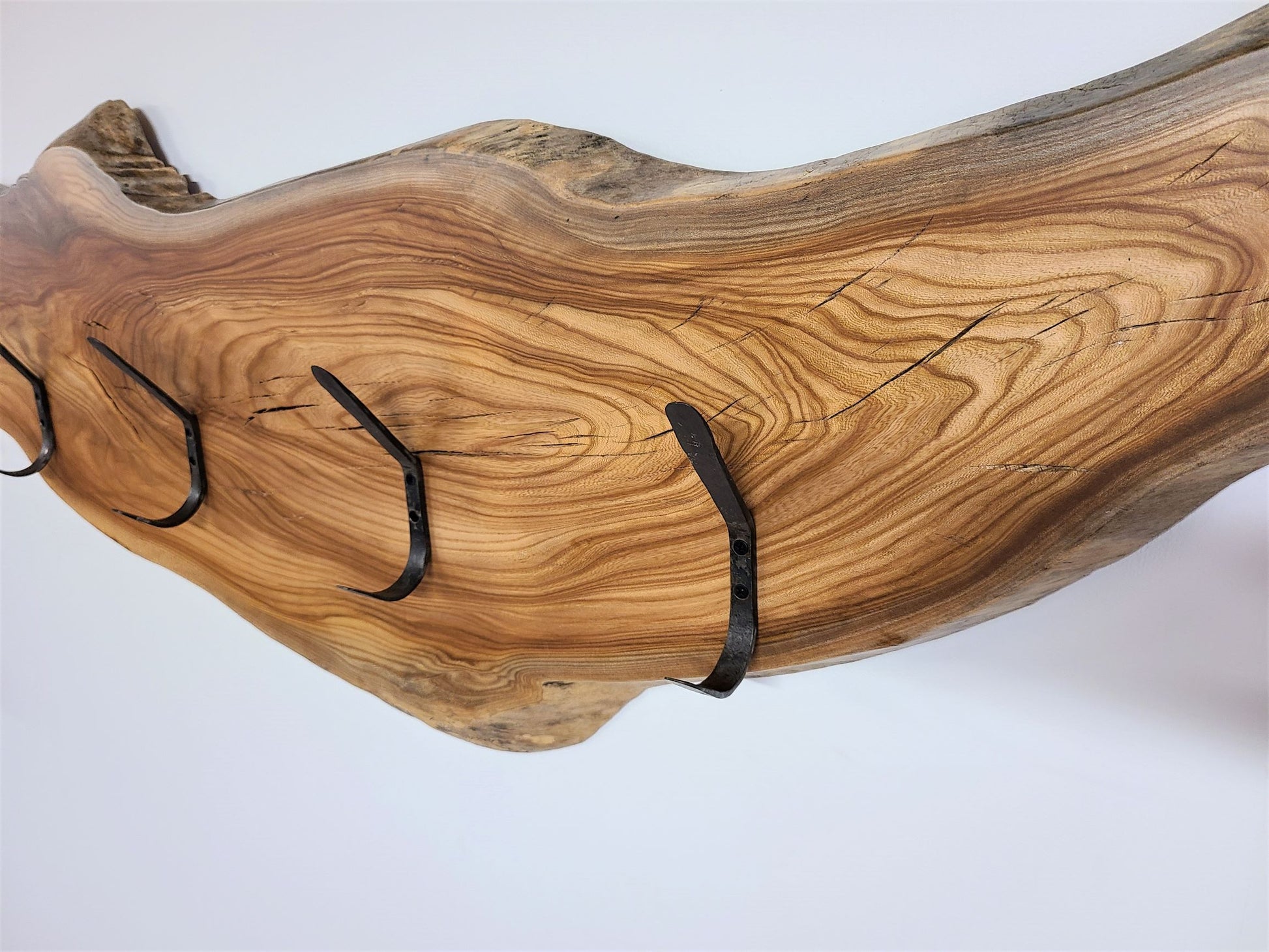 ELM HOOK BOARD  COAT RACK WITH 5 HAND FORGED STEEL DOUBLE 