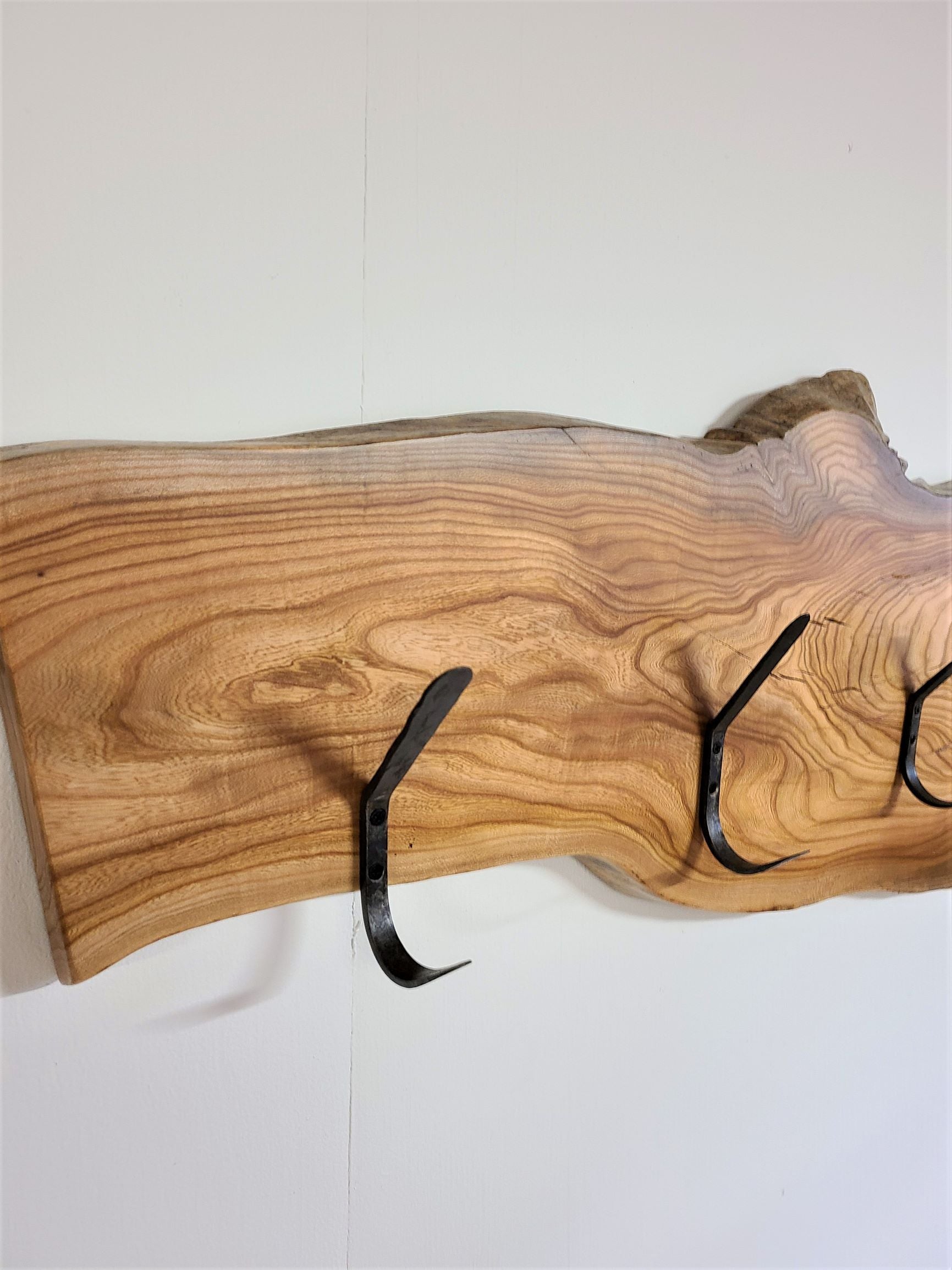 ELM HOOK BOARD  COAT RACK WITH 5 HAND FORGED STEEL DOUBLE 