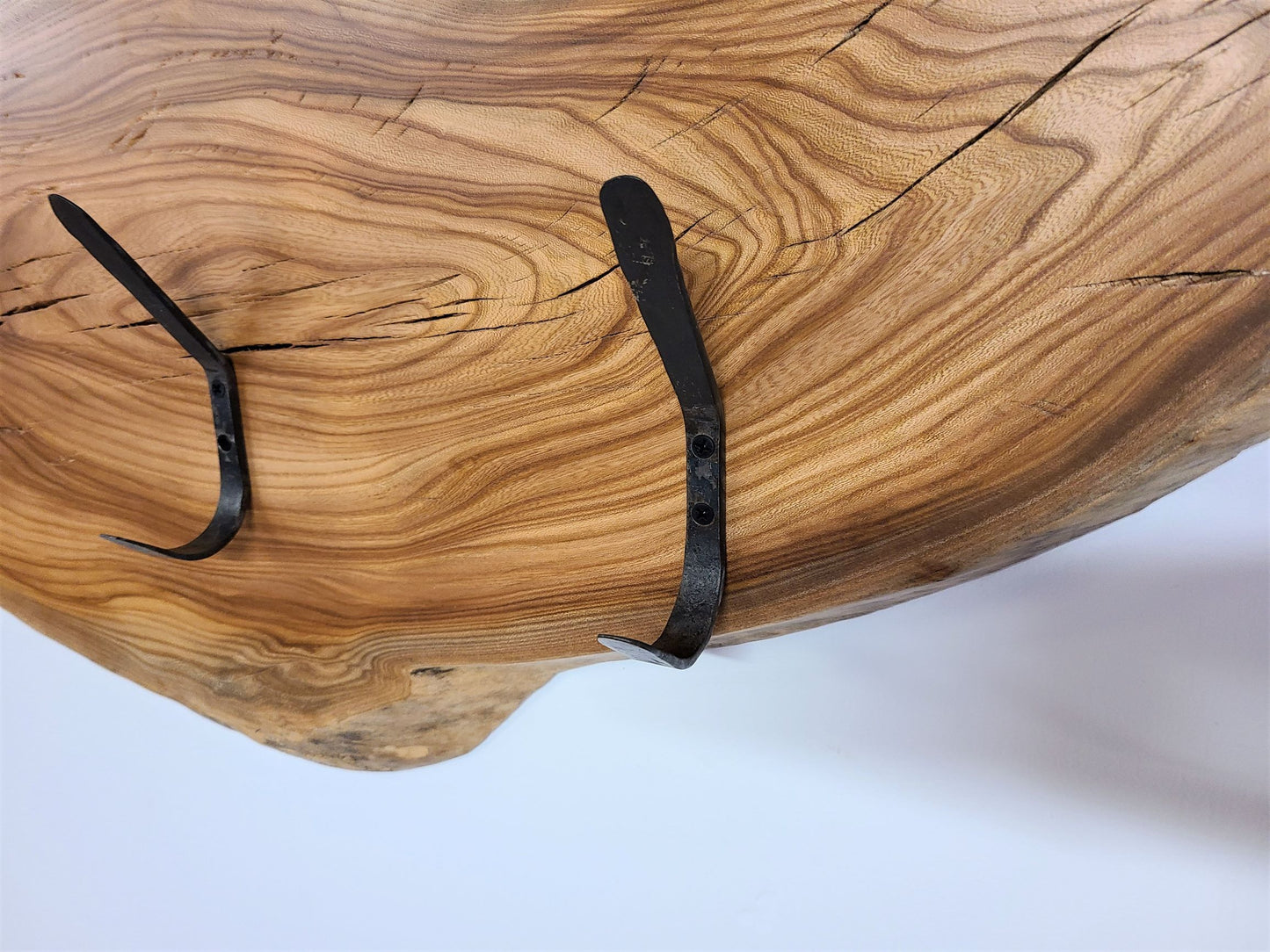 ELM HOOK BOARD  COAT RACK WITH 5 HAND FORGED STEEL DOUBLE 