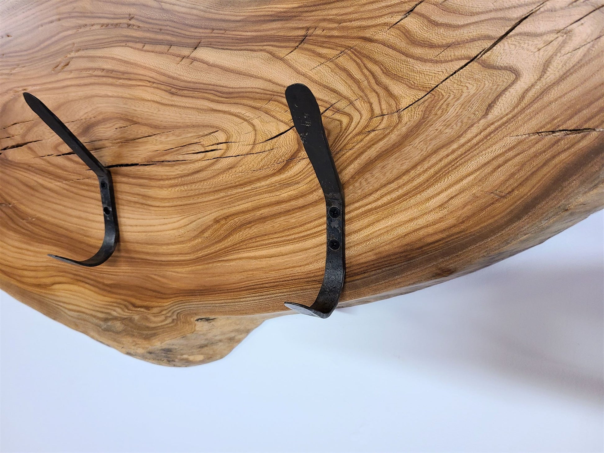 ELM HOOK BOARD  COAT RACK WITH 5 HAND FORGED STEEL DOUBLE 