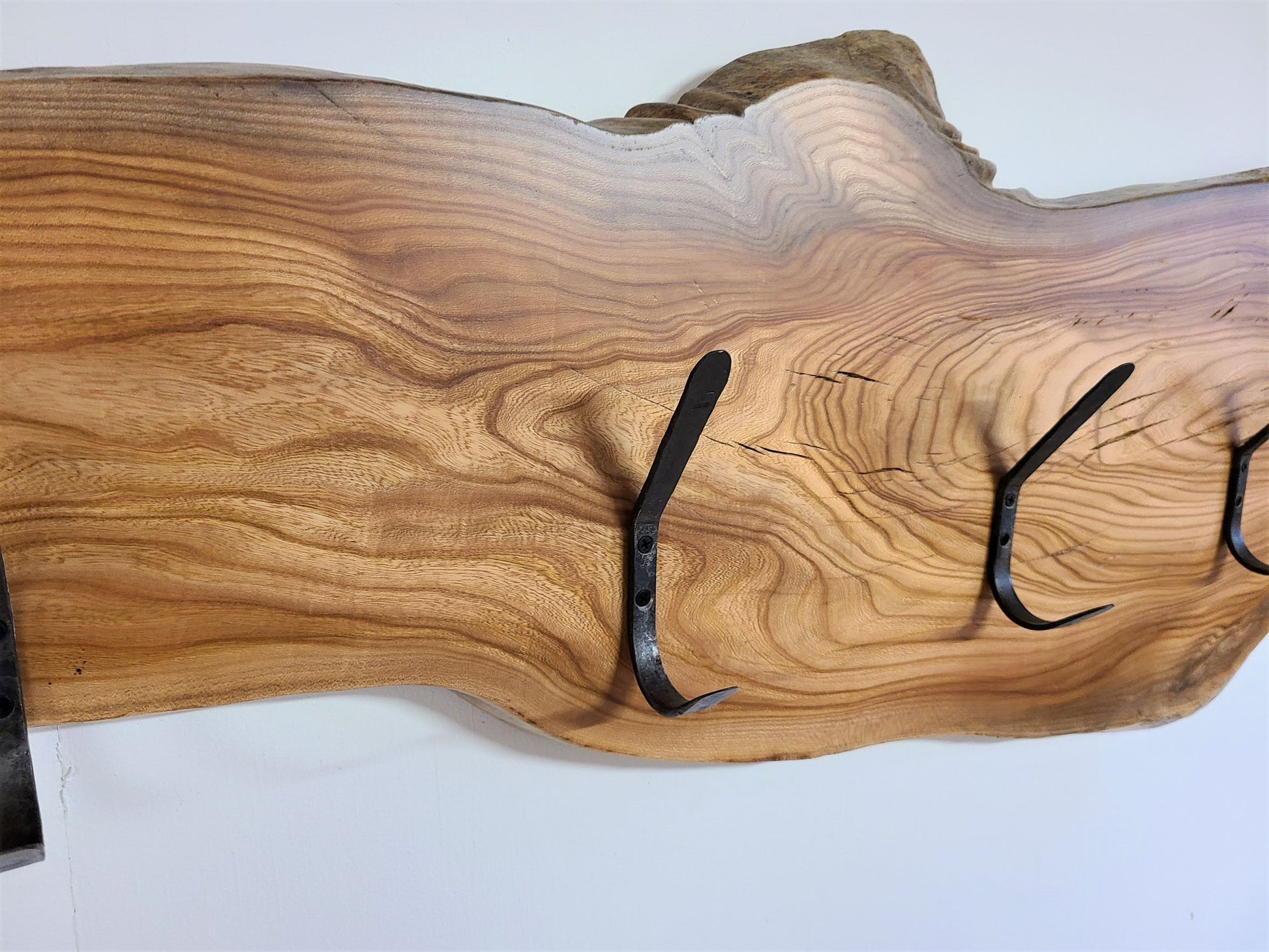 ELM HOOK BOARD  COAT RACK WITH 5 HAND FORGED STEEL DOUBLE 