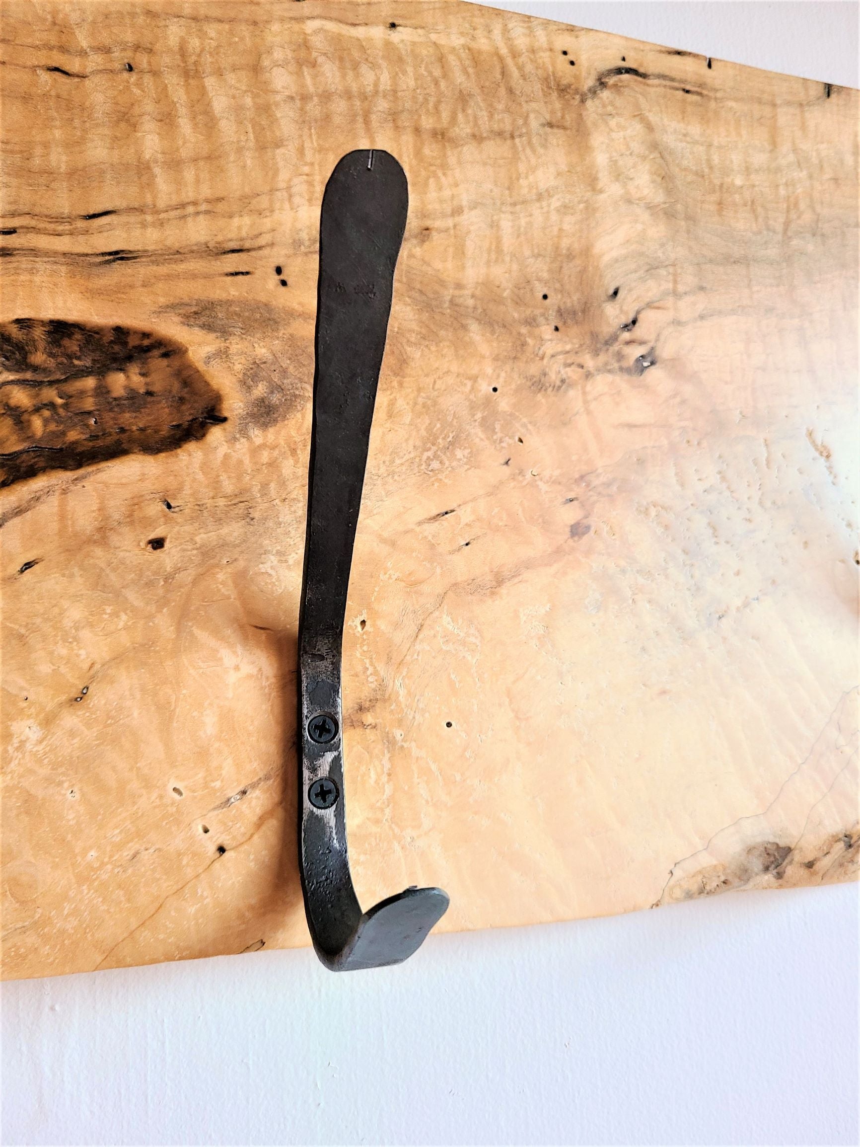 hat and coat rack Silver Maple Hook Board  4 Hand Forged Simple Hooks  