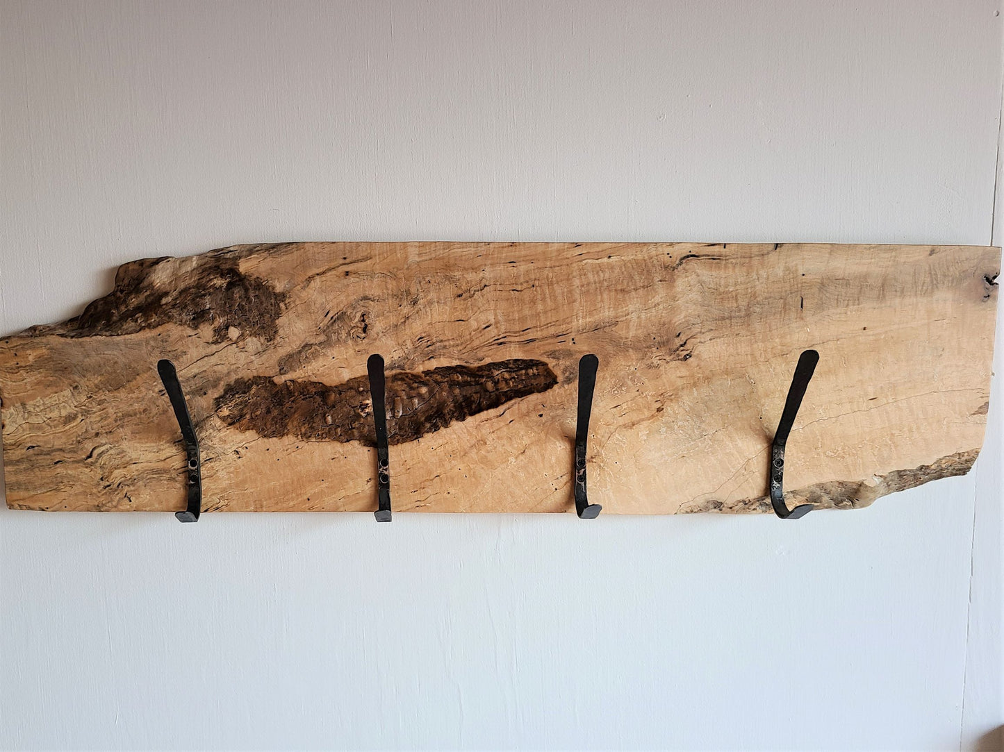 hat and coat rack Silver Maple Hook Board  4 Hand Forged Simple Hooks 