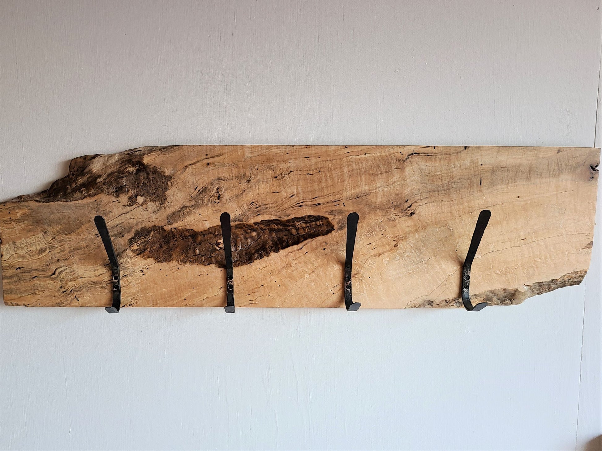 hat and coat rack Silver Maple Hook Board  4 Hand Forged Simple Hooks 