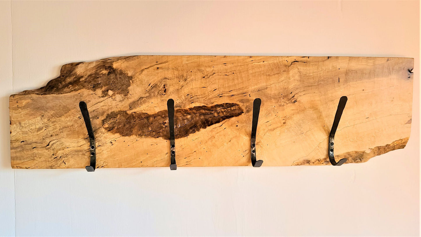 Silver Maple Hook Board  4 Hand Forged Simple Hooks  coat rack