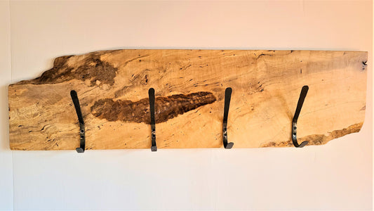 Silver Maple Hook Board  4 Hand Forged Simple Hooks  coat rack