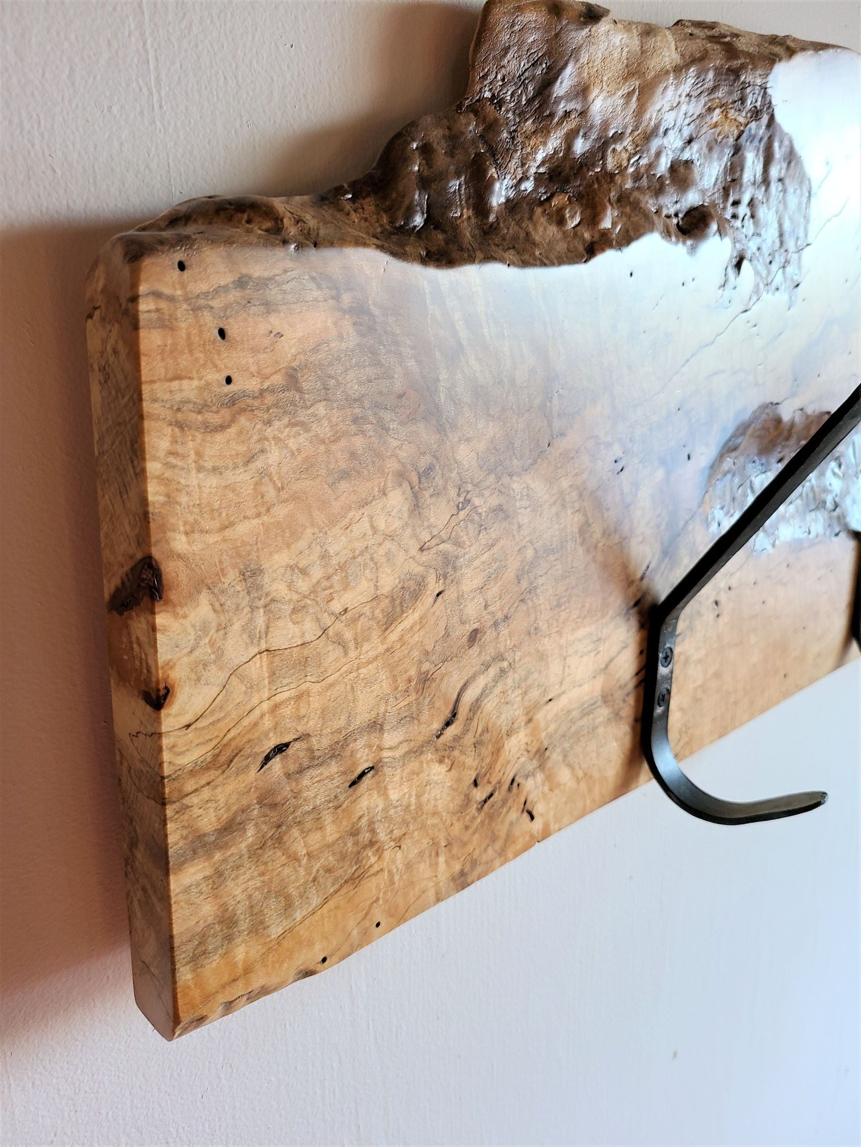 Silver Maple Hook Board w/ 4 Hand Forged Simple Hooks - 