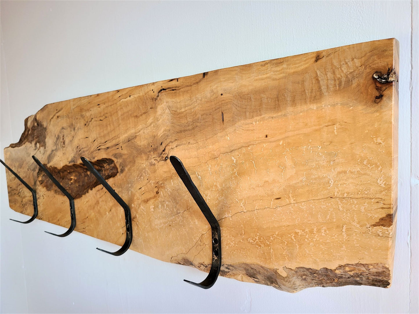 hat and coat rack Silver Maple Hook Board  4 Hand Forged Simple Hooks 