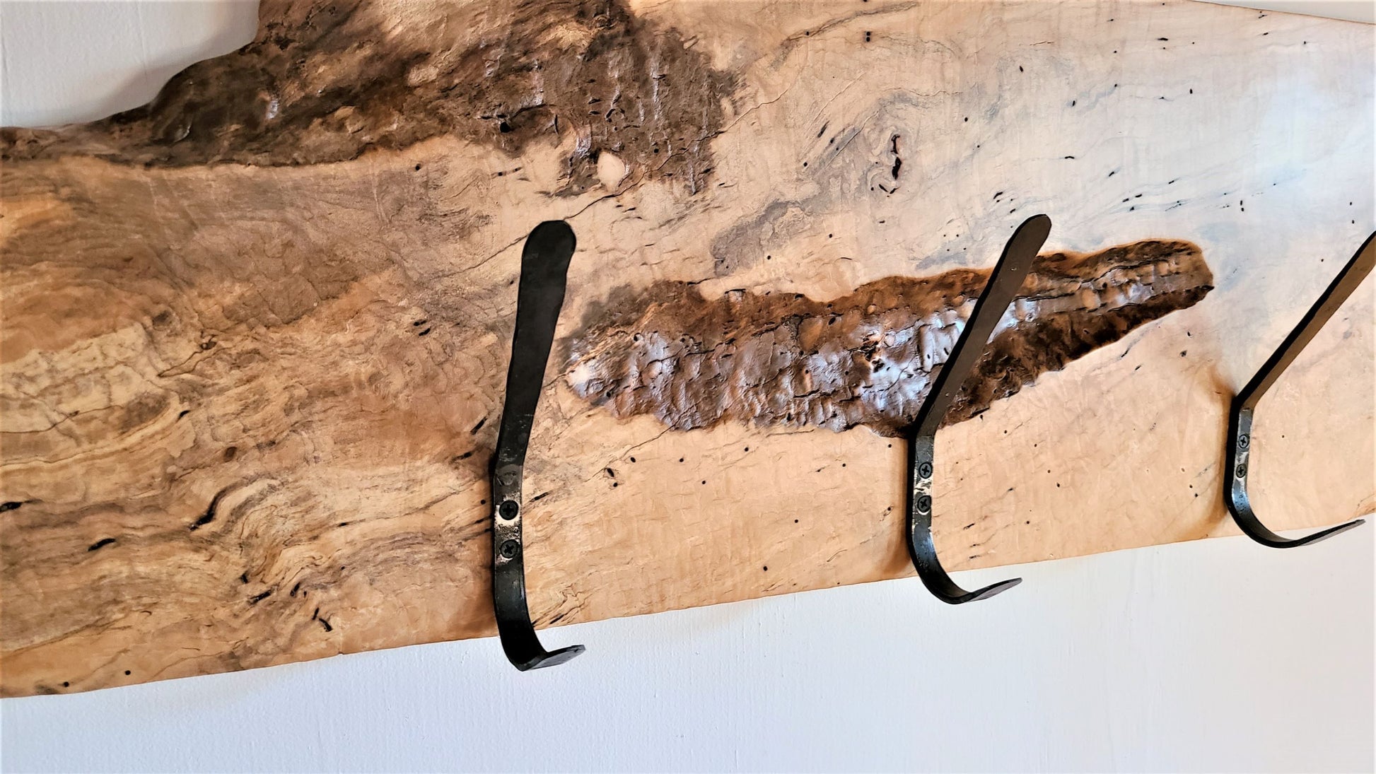 hat and coat rack Silver Maple Hook Board  4 Hand Forged Simple Hooks 